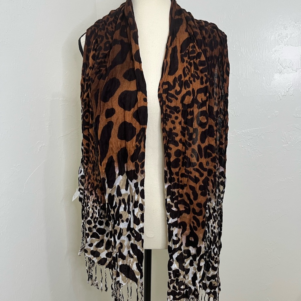 Unbranded Leopard Print Scarf Brown Black White Rayon Fringe Animal Pattern